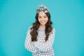 Just look at me. Princess concept. Girl princess. Lady small baby princess. Number one. Kid wear golden crown symbol of Royalty Free Stock Photo