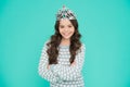 Just look at me. Princess concept. Girl princess. Lady small baby princess. Number one. Kid wear golden crown symbol of Royalty Free Stock Photo