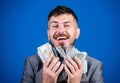 Just making money. businessman after great deal. Finance and commerce. happy bearded man has a lot of money. Business Royalty Free Stock Photo