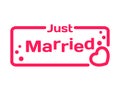 Just Married badge with heart icon on white background. Wedding theme in dialog bubble. Romantic quotes stamp. Vector Royalty Free Stock Photo