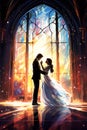 Just Married Bridal Couple inside a Beautiful Vitral Colorful Church Illustration, Religious Wedding Ceremony