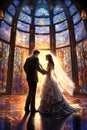 Just Married Bridal Couple inside a Beautiful Vitral Colorful Church Illustration, Religious Wedding Ceremony Royalty Free Stock Photo