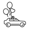 Just married car black line icon. Auto with balloons. Isolated vector element. Outline pictogram for web page, mobile app, promo Royalty Free Stock Photo