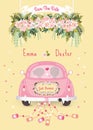 Just married car with save the date wedding invitation card