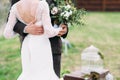 Just married couple dancing valse outdoor