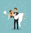 Just married couple, groom carries bride in arms after wedding ceremony Royalty Free Stock Photo