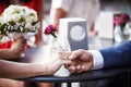Just married couple hold each other's hands. Royalty Free Stock Photo