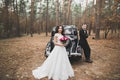 Just married couple in the luxury retro car on their wedding day Royalty Free Stock Photo