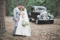 Just married couple in the luxury retro car on their wedding day Royalty Free Stock Photo