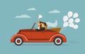 Just married couple, newlywed, bride and groom on a roadtrip in vintage retro car