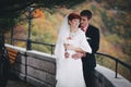 Just married couple posing in an autumn park Royalty Free Stock Photo