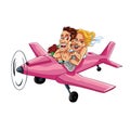 Just Married Couple Riding A Pink Plane On A Honeymoon Trip Cartoon Vector