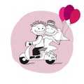 Just married couple on a scooter leaving for honeymoon Royalty Free Stock Photo