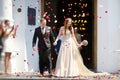Just married couple under a rain of flower petals Royalty Free Stock Photo