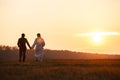 Just married couple walk towards a sunset holding their hands ti Royalty Free Stock Photo