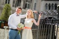 Just married couple walking on Montmarte in Paris Royalty Free Stock Photo