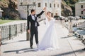 Just married couple walking in small cove Royalty Free Stock Photo