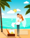 Just married couple went to the beach after wedding. Honeymoon vacation concept poster. Vector illustration with cartoon