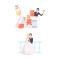 Just Married Couples Set, Bride and Groom Opening Gift Boxes after Wedding Ceremony and Celebrating Marriage Flat Vector