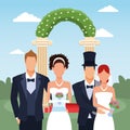 Just married couples standing over floral arch and landscape background