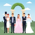 Just married couples standing over floral weding arch and landscape background