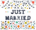 Just married. Cute greeting card with decorative elements.