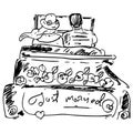 Just married graphic illustration. Man and woman in the car with text `just married`. Honeymoon trip sketch