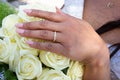 Just married hands bride with marriage ring
