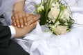 Just married - hands, rings, bouquet Royalty Free Stock Photo