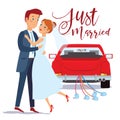 Just married happy couple bride and groom hugging each other, wedding card design, vector illustration. Just married car Royalty Free Stock Photo
