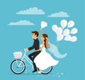 Just married happy couple bride and groom riding bicycle Royalty Free Stock Photo