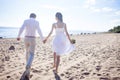 Just married happy couple running on a sandy beach Royalty Free Stock Photo