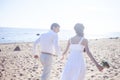 Just married happy couple running on a sandy beach Royalty Free Stock Photo