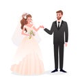 Just married happy man woman characters standing together, cute romantic bride and groom holding hands on wedding day Royalty Free Stock Photo