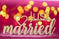 just married inscription on a fuchsia background .wedding symbol.Holiday of love and family