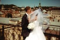 Just married kiss under a veil in the front of a great cityscape