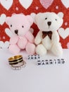 Just married message with two beautiful wedding rings and two little teddy bears with a pink and red hearts background Royalty Free Stock Photo