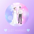 Just married newly weds bride and bridegroom wedding defocus background cartoon vector illustration.