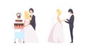Just Married Newlyweds Set, Happy Couple Celebrating Marriage, Bride and Groom Cutting Wedding Cake Flat Vector Royalty Free Stock Photo