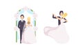 Just Married Newlyweds Set, Happy Couple Celebrating Marriage, Bride and Groom Dancing Flat Vector Illustration Royalty Free Stock Photo