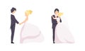 Just Married Newlyweds Set, Happy Couple Celebrating Marriage, Bride and Groom Holding Hands and Embracing Flat Vector Royalty Free Stock Photo