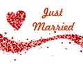 Just married text with red hearts wave