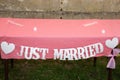 A just married text sign banner during wedding day in party room