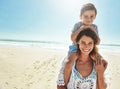 Just me and my little guy. Portrait of a mother and her little son enjoying some quality time together at the beach. Royalty Free Stock Photo