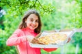 Just one slice. her favorite food. junk food concept. happy child hold big pizza. meal delivery in time. hungry kid Royalty Free Stock Photo