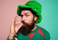Just perfect. Christmas elf. Elf concept. Happy celebration. Bearded elf. Winter carnival. St Patricks day. Hipster with