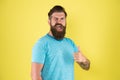 Just perfect. Man bearded hipster with mustache. Beard mustache grooming guide. Hipster handsome bearded guy yellow Royalty Free Stock Photo