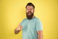 Just perfect. Man bearded hipster with mustache. Beard mustache grooming guide. Hipster handsome bearded guy yellow