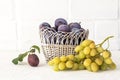 Just picked plums and grapes in wicker basket on white backdrop Royalty Free Stock Photo