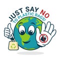 Just say no to plastic Bag with world charator show stop plastic sign and hold Cloth Bag banner vector design